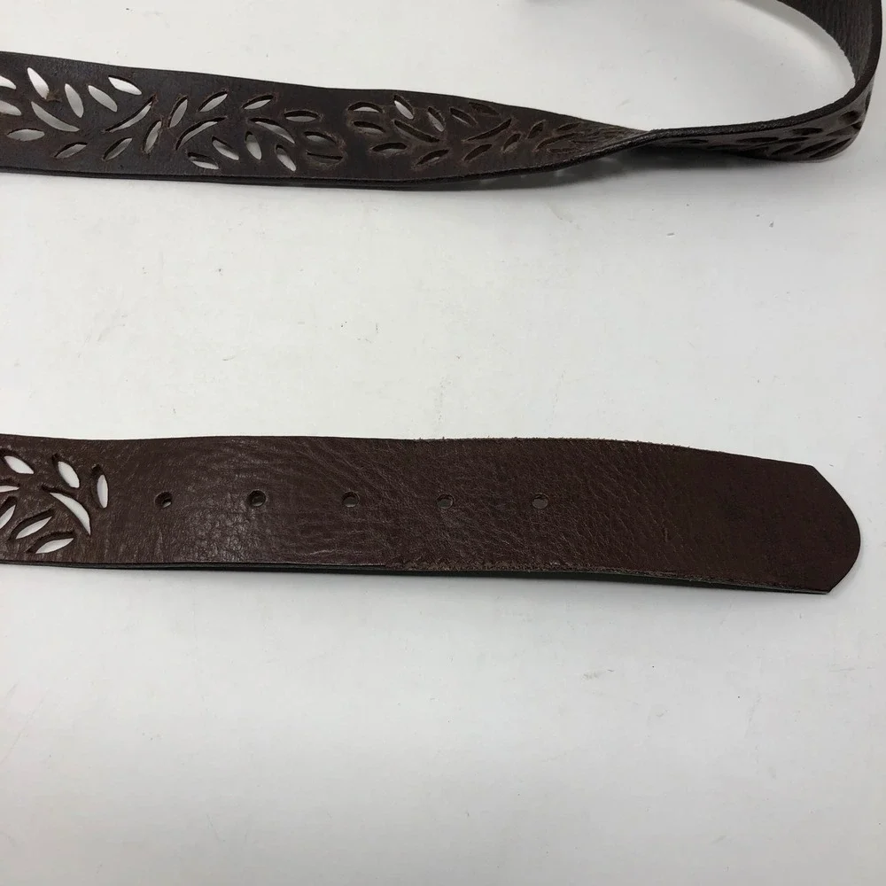 Garnet Hill Belt Womens XL Brown Leather Cutout Leaf Distressed Buckle Canada